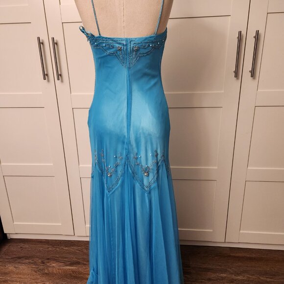 VINTAGE Y2K DZ Nights by Laura Ryner Aqua Beaded Formal Dress Gown Size 3/4 Prom - Picture 4 of 8